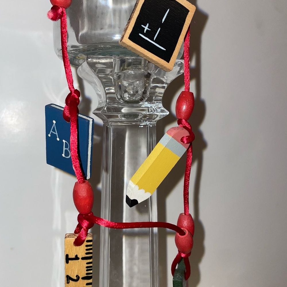 School theme necklace with wood painted pendants🚌✏️‼️🍎